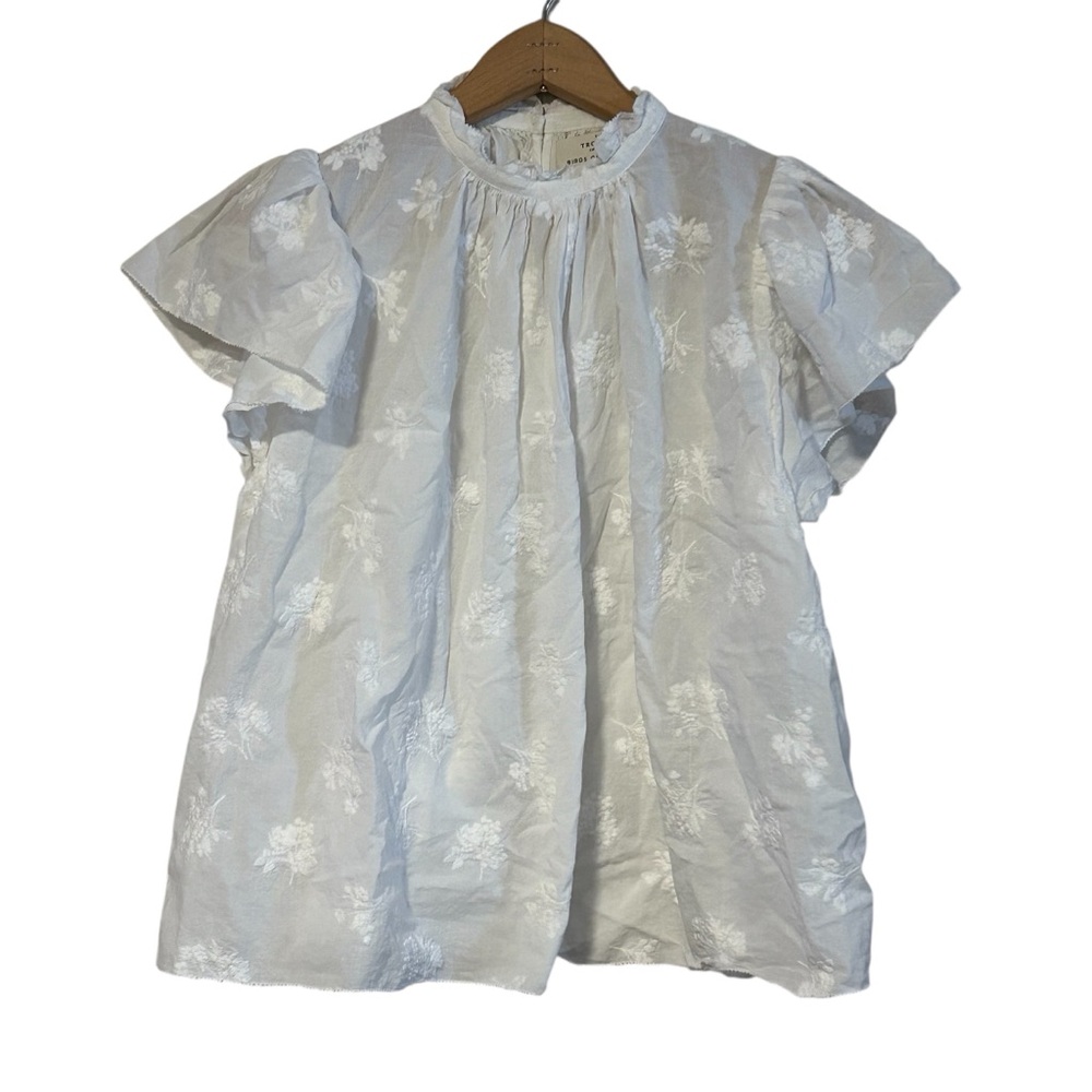Birds Of Paradis Embroidered White Floral Blouse Mock Neck Size XS